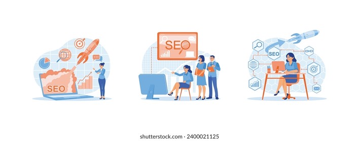 concepto SEO. Proyecto de inicio, negocio exitoso. Reunión del equipo de marketing en la oficina. Estamos optimizando la optimización de motores de búsqueda SEO. Establecer la imagen plana vectorial moderna de tendencia