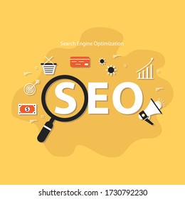 Concepto Seo. Dirigirse a la audiencia a través de la publicidad, la marca y el marketing digital de medios. Concepto de vector plano con iconos