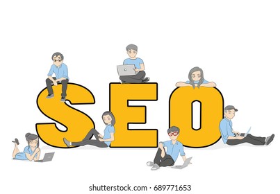 SEO concept vector illustration of people using laptops for developing and optimizing website or mobile app. Flat modern design of young programmers coding a new project and analysing search engine