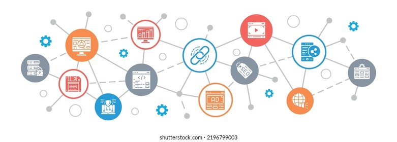SEO concept web icons banner. Bookmark, Hosting, Hyperlink, Advertisement, Data Transfer flat illustration.