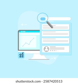 SEO concept, website optimization for search engine crawling, search speed - vector illustration background with icons