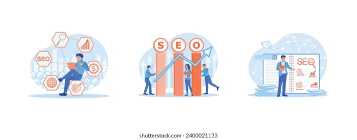 SEO concept. Website traffic ranking marketing. SEO Search Engine Optimization. Take note of the SEO optimization scheme. Set Trend Modern vector flat illustration