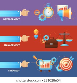 SEO concepts flat banners set with strategy management development isolated vector illustration