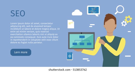 SEO conceptual web banner. Flat style. Man character with computers presenting web content. For search engine optimization and web developing company landing page. Internet technologies