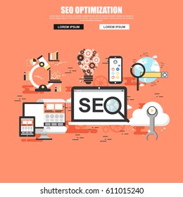 SEO conceptual web banner. Flat style. For search engine optimization and web developing company landing page. Internet technologies. Vector illustration.