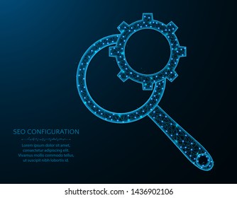 SEO configuration low poly design, magnifying glass in polygonal style, processing or analyzing data vector illustration on dark blue background
