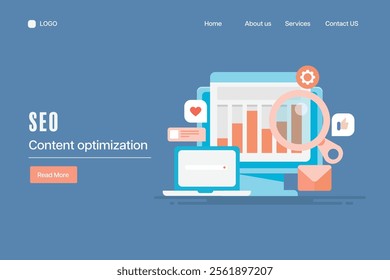 SEO content analysis, Website analytics software, SEO checker online, Search engine optimization data analysis - vector illustration landing page template