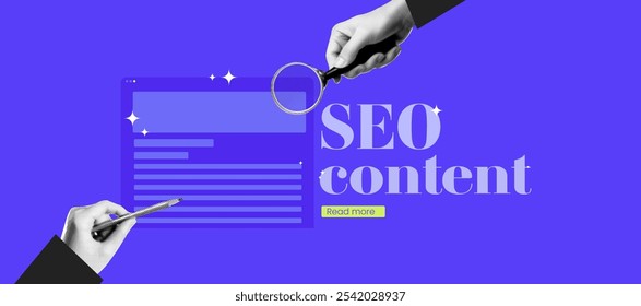 SEO Content Banner Collage with Halftone Magnifying Glass in Hand. Design for Digital Search, Data Analysis, Internet Marketing. Vector Icon for Business, Web,  Analytics.