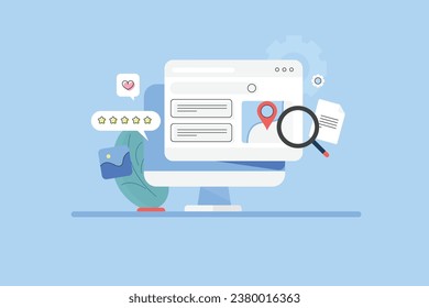 contenido SEO, optimización de listas de negocios, revisiones SEO, estrategia de marketing de búsqueda - ilustración vectorial con iconos