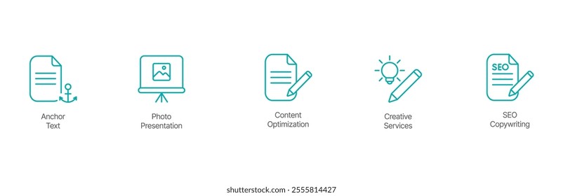 SEO and Content Creation Icon Set – Anchor Text, Photo Presentation, Content Optimization, Creative Services, and SEO Copywriting Design