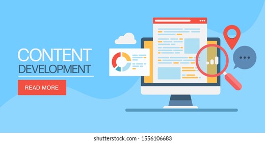 Seo content, Content development, Social media marketing, Digital media - flat design vector illustration with icons and texts