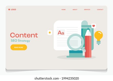 SEO content, Content SEO, Content idea, Digital marketing, strategy, campaign - conceptual vector landing page template with icons and texts