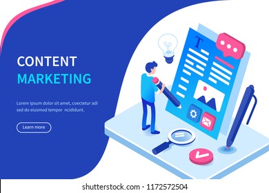 Seo and content marketing banner with character. Can use for web banner, infographics, hero images. Flat isometric vector illustration isolated on white background.
