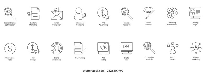 SEO and Content Marketing Icon Set Including Email Campaign, Influencer Marketing, PPC Advertising, Market Research, Visual Identity, Marketing Automation, Landing Page, Conversion Rate, Ad Budget 