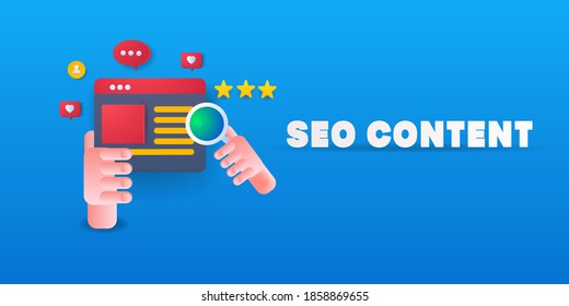 SEO content marketing, Content optimization, Search engine optimization - conceptual vector illustration with icons and texts