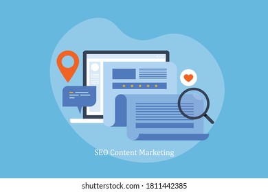 SEO content marketing, Content strategy, SEO copy writing - flat design vector illustration with icons isolated on blue background