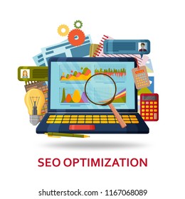 SEO content optimization background. Laptop with  infographic elements and abstract contents. Vector illustration