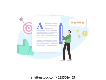 SEO Content and Search Engine Success Factors concept. Authorship Seo articles writing and creation service. Content marketing for news blog, internet shop, web portals. Freelancer is holding a pen