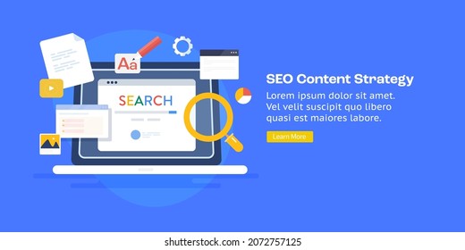SEO content strategy, Website marketing, SEO optimization for website ranking - flat design vector illustration with icons