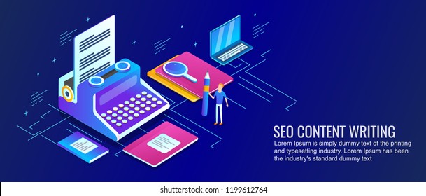 Seo content, Content writing, development and marketing for SEO flat design 3D isometric banner