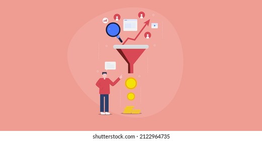 SEO Conversion Funnel, Website Customer Sales Conversion, SEO Landing Page Marketing - Vector Illustration Background