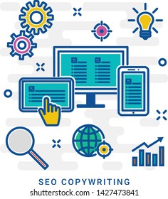 Seo copywriter and seo copywriting. Creative writing of articles and information, seo website promotion, work in office and freelance. Illustration thin line design of colorful icons, infographics