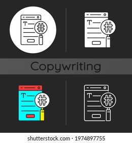 SEO copywriting dark theme icon. Search engine optimization service. Commercial text with hashtags. Website analysis. Linear white, simple glyph and RGB color styles. Isolated vector illustrations
