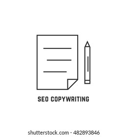 seo copywriting with thin line document. concept of blogging, copywriter, education, keywording, publication, survey. flat style trend modern logotype design vector illustration on white background