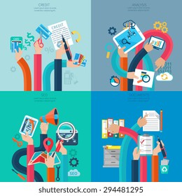 Seo credit and analysis concept with human hands holding business objects and symbols isolated vector illustration