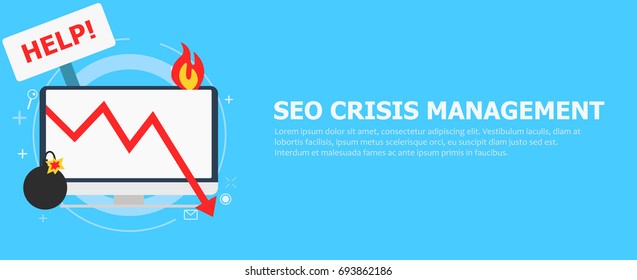 Seo crisis management. Computer is on fire, bomb, table Help.  vector flat illustration