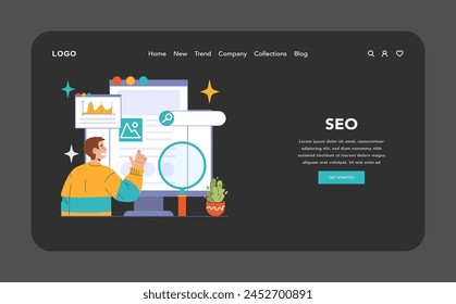 SEO dark or night mode web, landing. Enthusiastic man analyzing website data, optimizing for top search results. Graph insights, content visualization, strategic navigation. Flat vector illustration