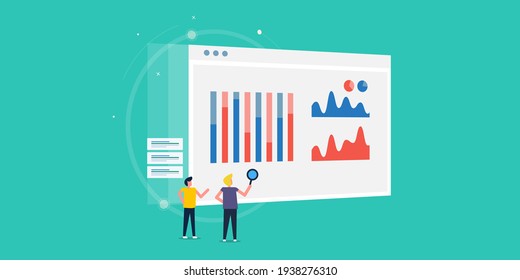 Análisis de datos SEO, informe de marketing digital, herramienta de análisis de marketing, presentación digital - ilustración de banner vector conceptual con iconos