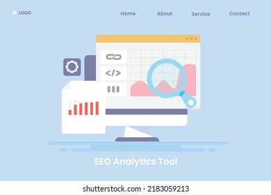 SEO data analysis, Website data monitoring, SEO marketing, Report, analytics app - flat design vector illustration with icons
