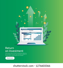 SEO data analytic, spreadsheet on screen. business finance analysis audit with graphs charts. Return on investment ROI concept. increase profit stretching rising up. flat style vector illustration