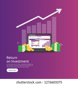 SEO data analytic, spreadsheet on screen. business finance analysis audit with graphs charts. Return on investment ROI concept. increase profit stretching rising up. flat style vector illustration