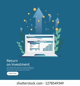 SEO data analytic, spreadsheet on screen. business finance analysis audit with graphs charts. Return on investment ROI concept. increase profit stretching rising up. flat style vector illustration