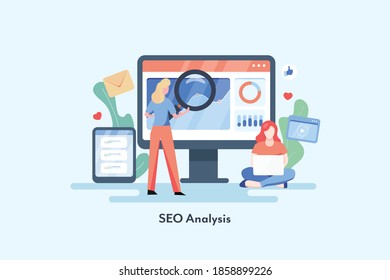 SEO-Daten, Datenmarketing, Online-Datenanalyse, SEO-Optimierung, Website-Suche - konzeptionelle Vektorgrafik mit Symbolen und Texten