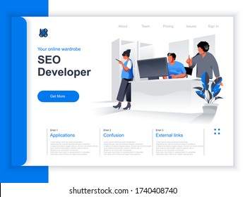 Seo developer isometric landing page. Marketing team working with computer in office situation. Track and analyze website analytics, planning SEO strategy and code optimization perspective flat design