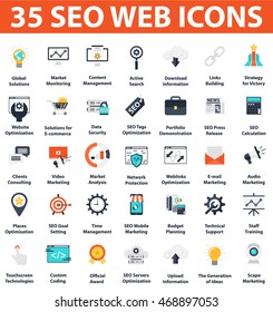 SEO y Desarrollo 35 Icons.Web iconos colección aislada en fondo blanco.También es ideal para marketing web, servicios de medios sociales, presentación, aplicaciones de marketing o presentaciones.