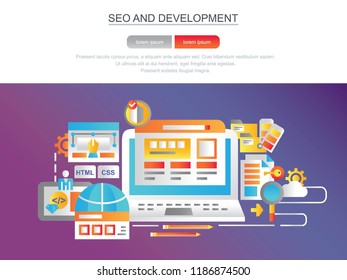 
Seo and development. Banner for the site. Modern flat conceptual web banner. Landing page template. Conceptual vector illustration for graphic design and web design. Concept.