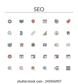 SEO and development colored line icons set. Vector illustration.