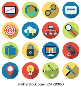 SEO and development colorful icon vector set. Flat design style elements collection.