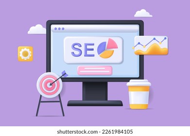 SEO development concept 3D illustration. Icon composition with data statistics, site browser on computer screen, growth charts, target. Optimization service. Vector illustration for modern web design