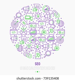 SEO and development concept in circle with thin line icons. Vector illustration for banner, web page, print media.