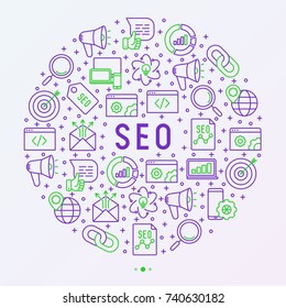 SEO and development concept in circle with thin line icons. Vector illustration for banner, web page, print media.