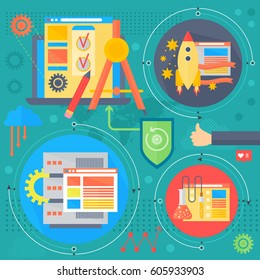 SEO and development concept design infographics template icons in circles design, seo optimization web elements, poster banner vector illustration.