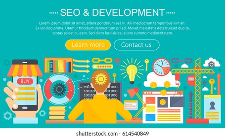 SEO and development concept design infographics template design, web header seo icons elements. Vector illustration.