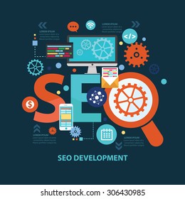 SEO development concept design on dark background,clean vector