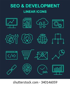 SEO and development cyan linear icons on black background. Line style seo and optimization icon set.