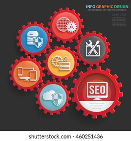 SEO development design and gear info graphic on a clean background. vector